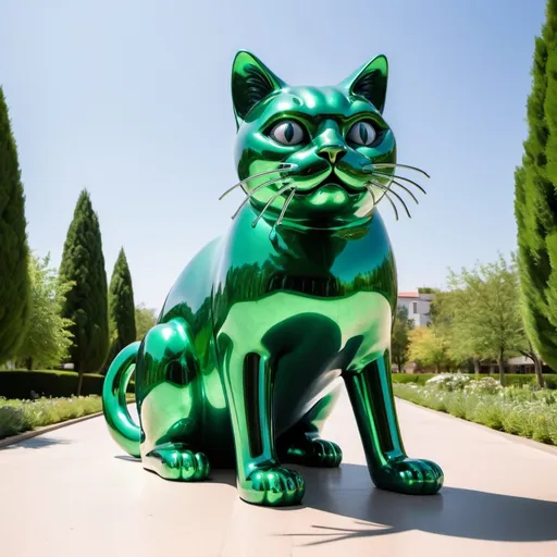 Prompt: giant green chrome cat statue scared of a cucumber, infinity vanishing point