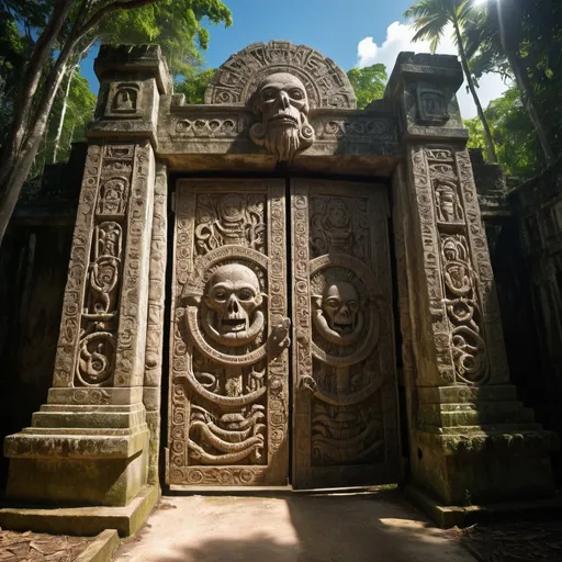 Prompt: in the Belize jungle, a giant ancient intricately detailed bas relief covered outer wall and gate to the temple of cthulhu, overhead lighting shadows, wide angle view, infinity vanishing point