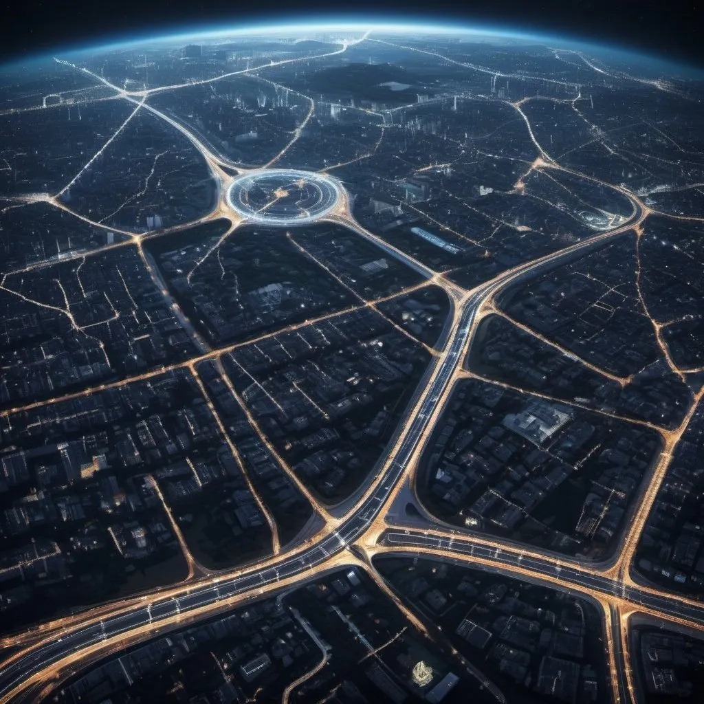 Prompt: view from orbit at night, of a superhighway network, on a giant cat