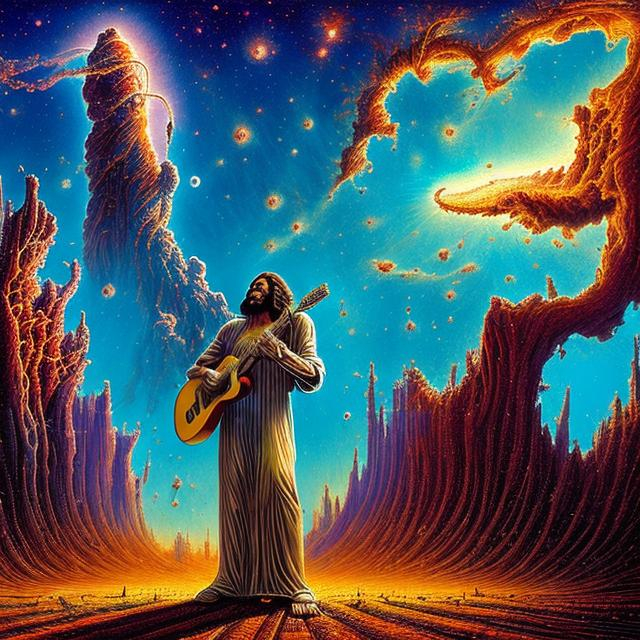 Prompt: wide view, jesus playing guitar in front of a bbq grill on a street corner, infinity vanishing point, pillars of creation nebula background