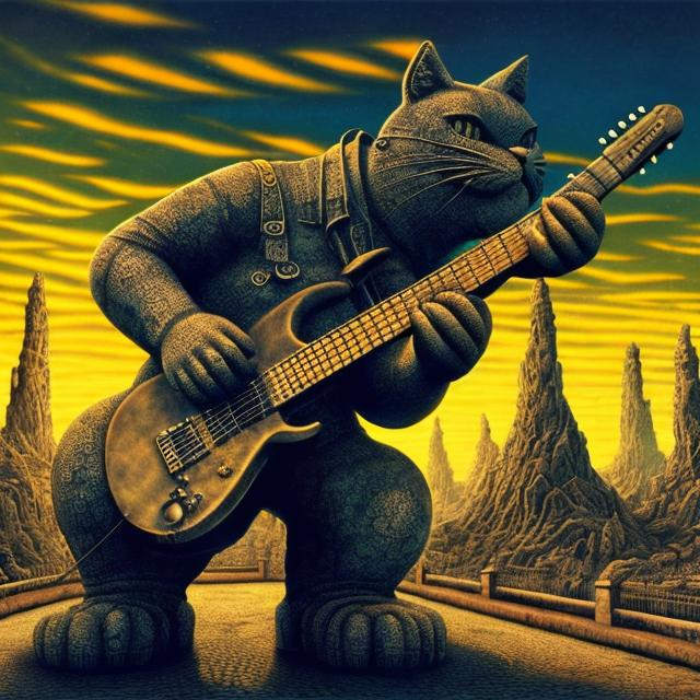 Prompt: giant acid etched iron statue of a giant cat playing guitar, in the style of Jacek Yerka, widescreen view, infinity vanishing point