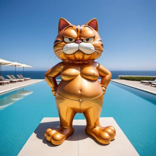 Prompt: giant garfield the cat in a swimsuit metallic statue, large wide ocean infinity pool, wide angle view, 25 degree offset, infinity vanishing point