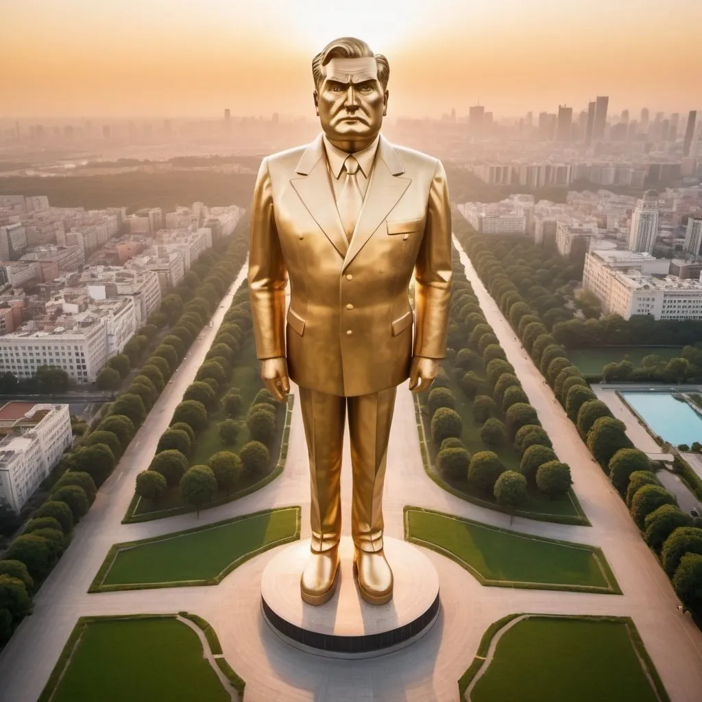 Prompt: giant strange dictator statue, elegant lush city background, overhead golden hour lighting, extra wide angle field of view, infinity vanishing point