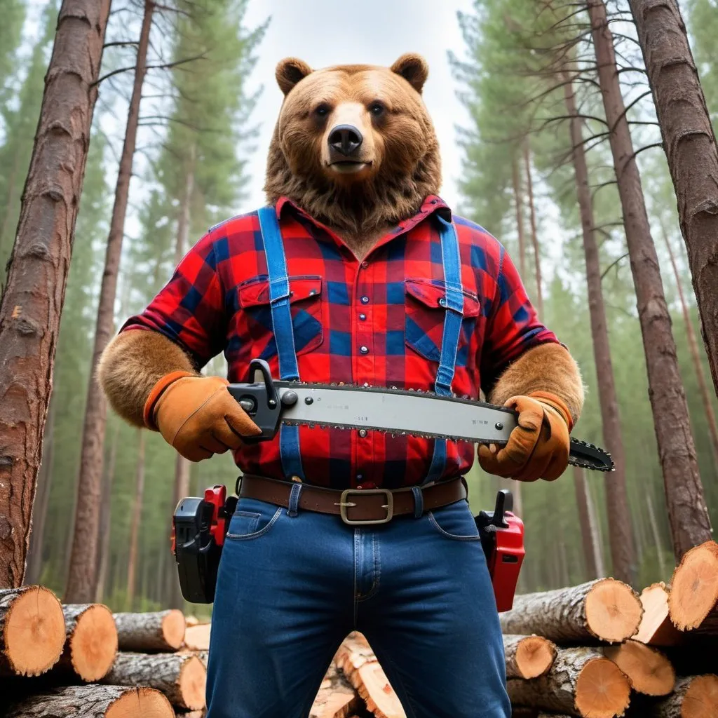 Prompt: brown bear lumberjack holding an accurate chainsaw, wearing a red flannel shirt and blue denim pants, wide angle perspective, deep forest background, infinity vanishing point