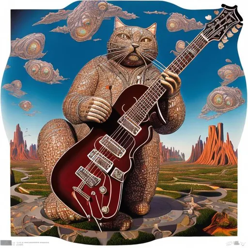 Prompt: ((((giant cat playing guitar) ruby statue inlaid with diamonds) in the style of Jacek Yerka) wide perspective view) infinity vanishing point