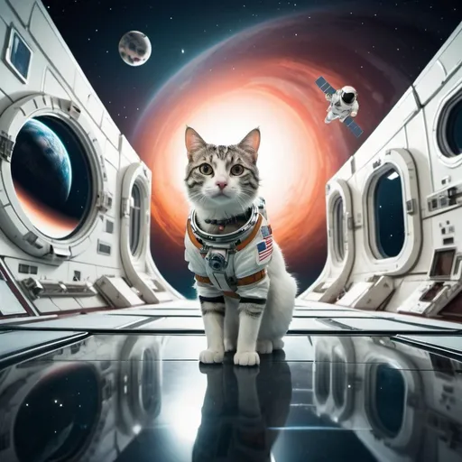 Prompt: Cat Astronaut floating outside a surreal space station, an evil planet in the background, 25 degree offset, wide angle perspective, infinity vanishing point