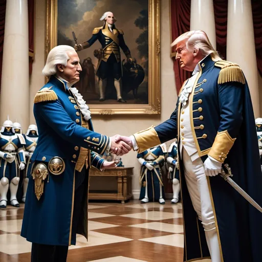 Prompt: emperor donald trump shaking hands with george washington the warhammer emperor, year 40000 AD, wide palace background with space marines, long distance infinity vanishing point