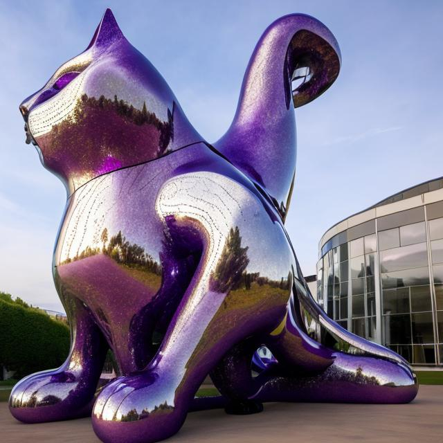 Prompt: ((((giant cat playing guitar) diamond statue inlaid with purple chrome) in the style of Henry Moore) wide perspective view) infinity vanishing point