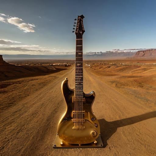 Prompt: giant rust streaked acid etched gold statue of a giant cat playing guitar, in the style of Jacek Yerka, widescreen view, infinity vanishing point