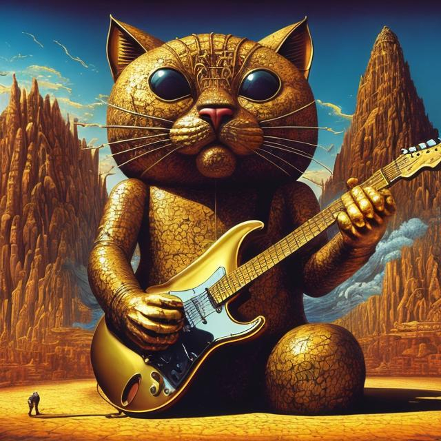 Prompt: giant gold statue of giant cat playing a guitar, widescreen view, infinity vanishing point, in the style of Jacek Yerka