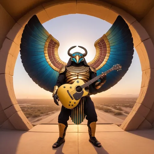 Prompt: giant scarab playing guitar, colorful apocalypse background, golden hour overhead lighting, extra wide angle view, infinity vanishing point