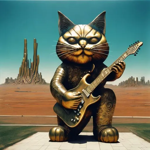 Prompt: giant acid etched brass statue of a giant cat playing guitar, in the style of Jacek Yerka, wide perspective view, infinity vanishing point