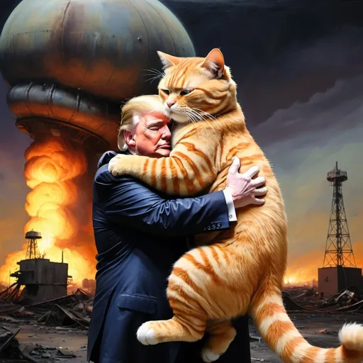 Prompt: Donald Trump hugging Garfield the Cat, post-nuclear-age-apocalyptic-science-fiction, surreal-hallucination oil painting