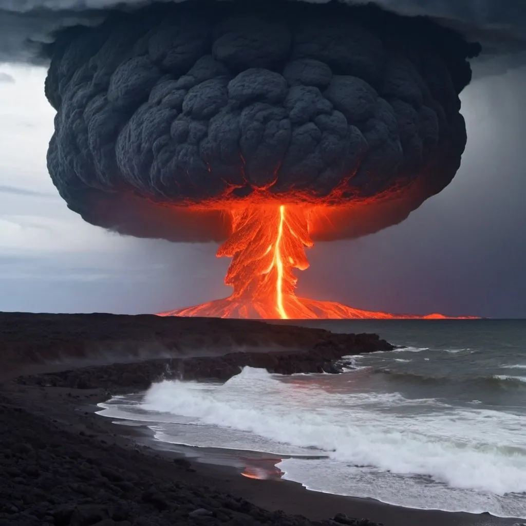 Prompt: meteor fireballs, giant hail, tornados, giant lava flows, giant rogue tidal waves