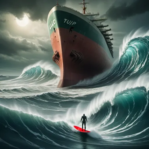 Prompt: cthulu surfing the largest giant tsunami wave, possessed ghostship ULCC supertanker in foreground, overhead lighting, wide angle view, surreal background proportions, infinity vanishing point