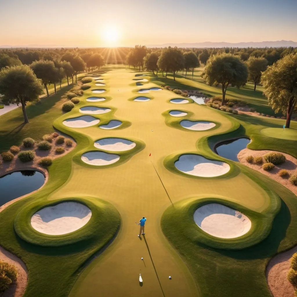 Prompt: Giant Endless Fantasy putting golf course, outdoor background, golden hour outdoor overhead lighting, extra wide angle view, infinity vanishing point