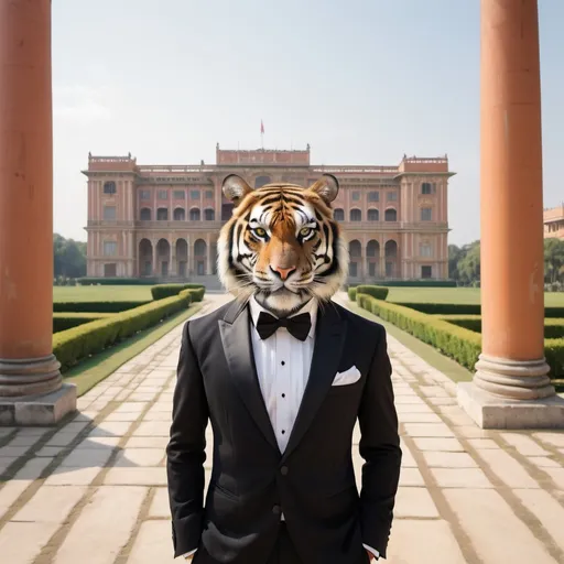 Prompt: tiger in a tuxedo, a palace in the background, wide perspective, infinity vanishing point