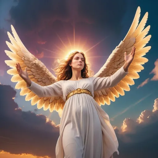 Prompt: biblically accurate angel, colorful apocalypse background, golden hour overhead lighting, extra wide angle view, infinity vanishing point
