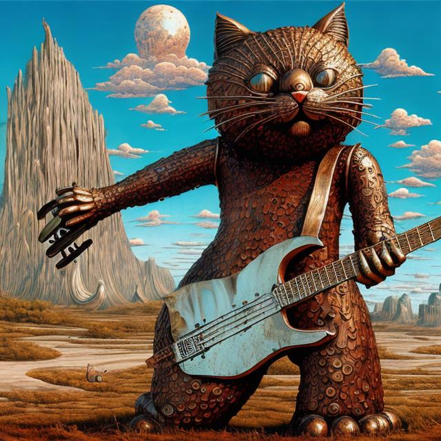 Prompt: giant rusty mirror metal statue of a giant cat playing guitar, in the style of Jacek Yerka, widescreen view, infinity vanishing point