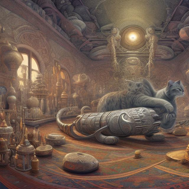 Prompt: panorama widescreen view of a giant silver cat playing a sitar, infinity vanishing point, in the style of Jacek Yerka