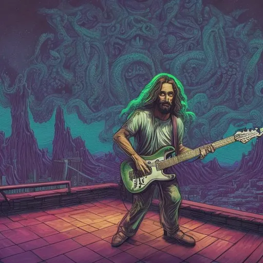 Prompt: wide view, jesus band playing guitars at a poolside patio barbeque grill, infinity vanishing point, Cthulhu nebula background