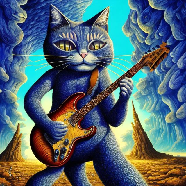 Prompt: giant Lazulite cat playing a guitar, widescreen view, infinity vanishing point, in the style of Jacek Yerka