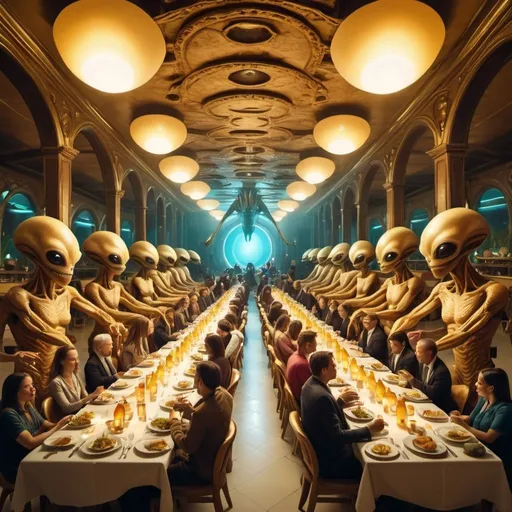 Prompt: giant exotic dining hall occupied with bizarre aliens, food and drinks, overhead golden lighting, wide angle view, infinity vanishing point