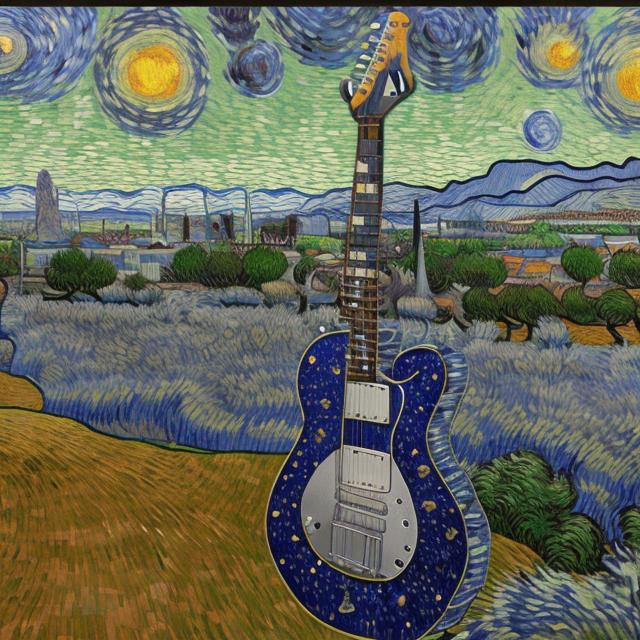 Prompt: ((((giant cat playing guitar) chrome statue inlaid with sapphires) in the style of Van Gogh) wide perspective view) infinity vanishing point