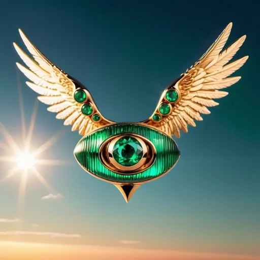 Prompt: seven giant emerald eyes on a winged ring in flight, golden hour overhead lighting, extra wide angle view, infinity vanishing point