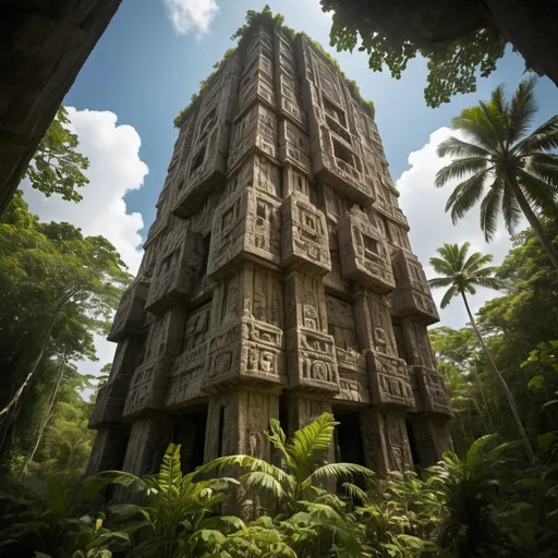 Prompt: in the Belize jungle, a giant ancient intricately detailed bas relief covered megaskyscraper arcology of xenomoprhs, overhead lighting shadows, wide angle view, 25 degree offset infinity vanishing point