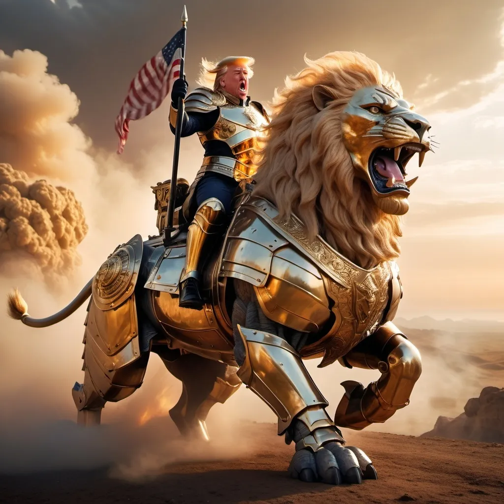 Prompt: Trump riding the biggest giant firebreathing armored warlion in the world, overhead golden hour lighting, foggy wide angle view, infinity vanishing point