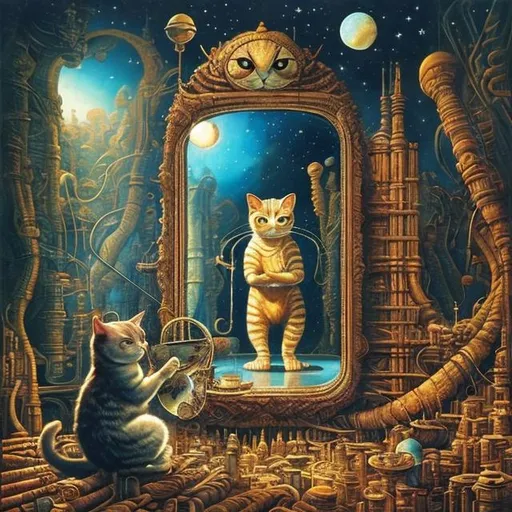 Prompt: giant mirror cat playing a sitar, widescreen view, infinity vanishing point, in the style of Jacek Yerka