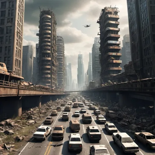 Prompt: infinite rush hour traffic post apocalyptic skyscraper city