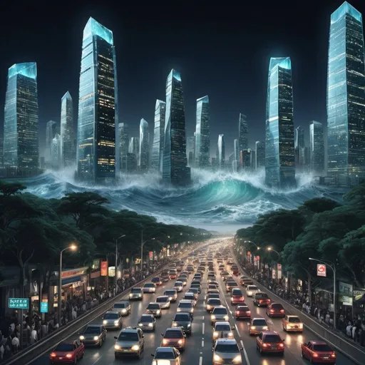 Prompt: infinite rush hour traffic, crystal skyscraper city, giant tsunami at night