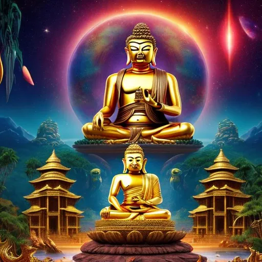 Prompt: widescreen letterbox style image of a gold bodybuilding buddha playing guitars in front of an exotic alien temple, tropical jungle background, galaxy sky, infinity vanishing point