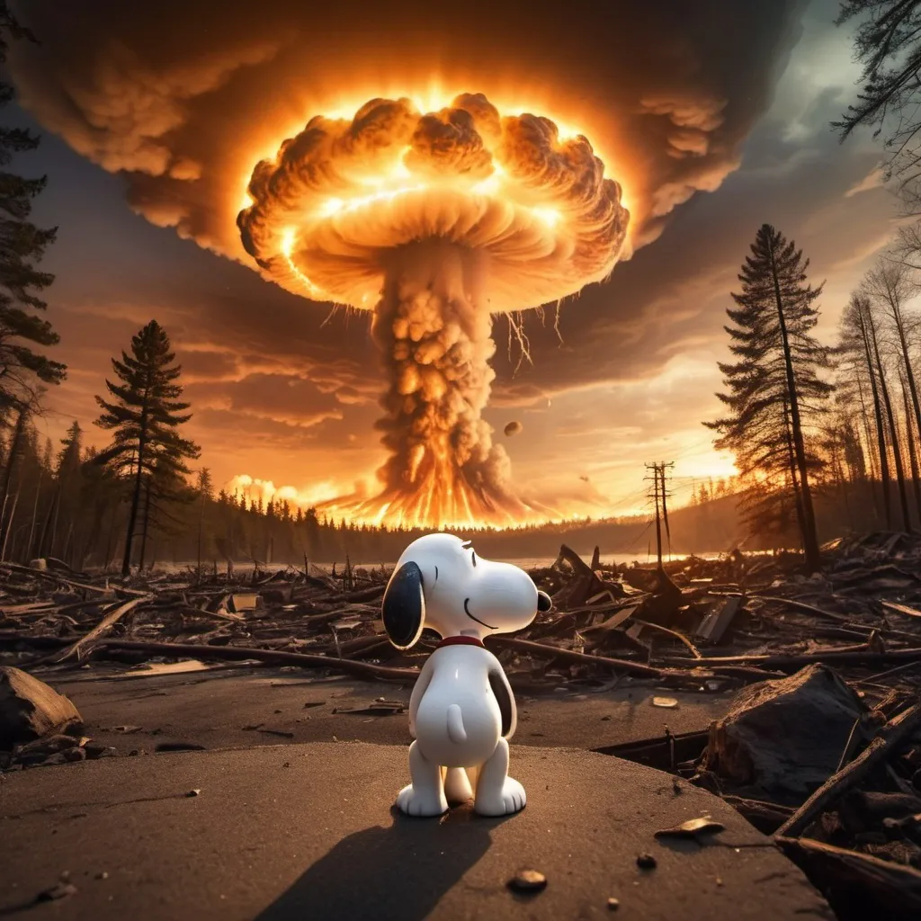 Prompt: Snoopy at the end of the world. Distant nuclear mushroom cloud flashes. Many falling meteors. Many tornados. Giant tsunami tidal waves. Giant forest fire. Golden hour overhead lighting, extra wide angle view, infinity vanishing point.