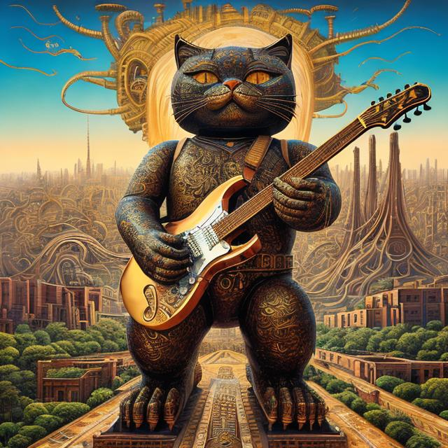 Prompt: giant iron statue damascened with gold, of a giant cat playing guitar, in the style of Jacek Yerka, wide perspective view, infinity vanishing point