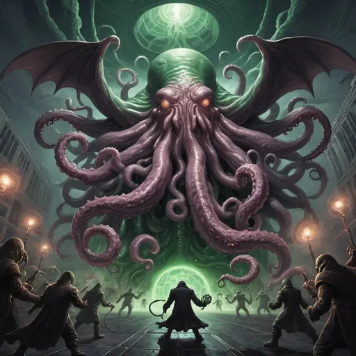 Prompt: giant Yog-Sothoth battling Cthulhu, wide angle view, infinity vanishing point