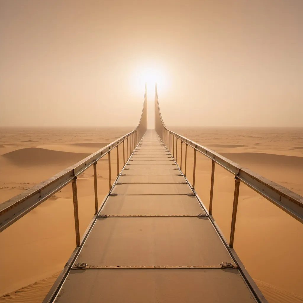 Prompt: distant abandoned giant suspension skybridge to space, golden hour sandstorm overhead lighting, extra wide angle view, infinity vanishing point