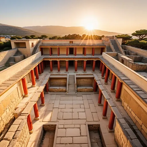 Prompt: Palace of Knossos, overhead golden hour lighting, extra wide angle field of view, infinity vanishing point