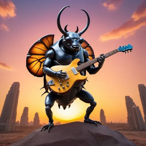 Prompt: giant 'rhinoceros beetle' playing guitar, colorful apocalypse background, golden hour overhead lighting, extra wide angle view, infinity vanishing point