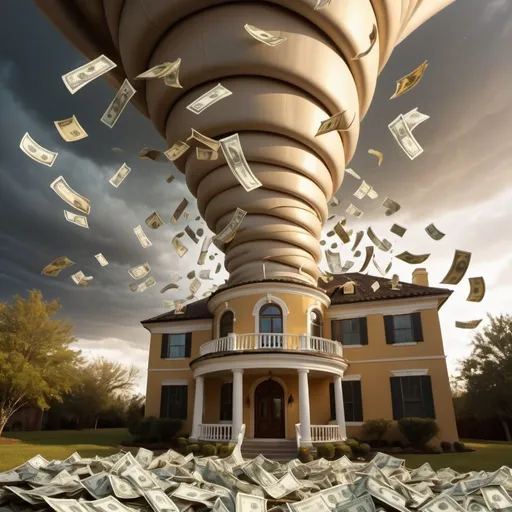 Prompt: giant tornado of money, outdoors exotic mansion, overhead golden lighting, wide angle view, infinity vanishing point