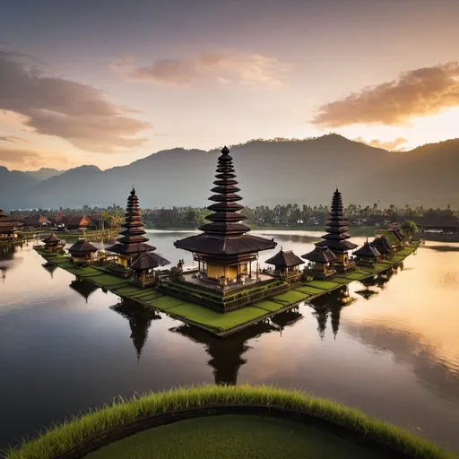 Prompt: Pura Ulun Danu Bratan, as a city of Meru style skyscrapers, overhead golden hour lighting, extra wide angle view, infinity vanishing point