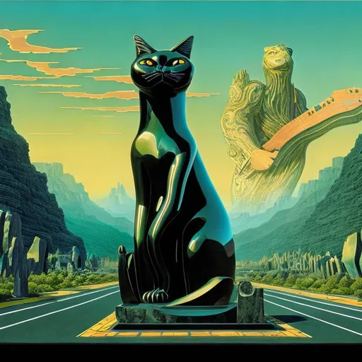 Prompt: ((((giant cat playing guitar) obsidian  statue inlaid with green jade) in the style of Jacek Yerka) infinity vanishing point) wide perspective view