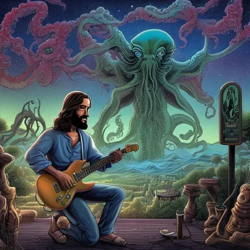 Prompt: wide view, jesus playing guitar in front of a patio gazebo barbeque grill, infinity vanishing point, Cthulhu nebula background