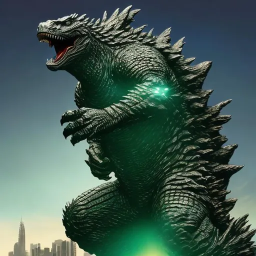 Prompt: ((((godzilla playing guitar) chrome statue inlaid with emeralds) in the style of Michelangelo) infinity vanishing point) wide perspective view
