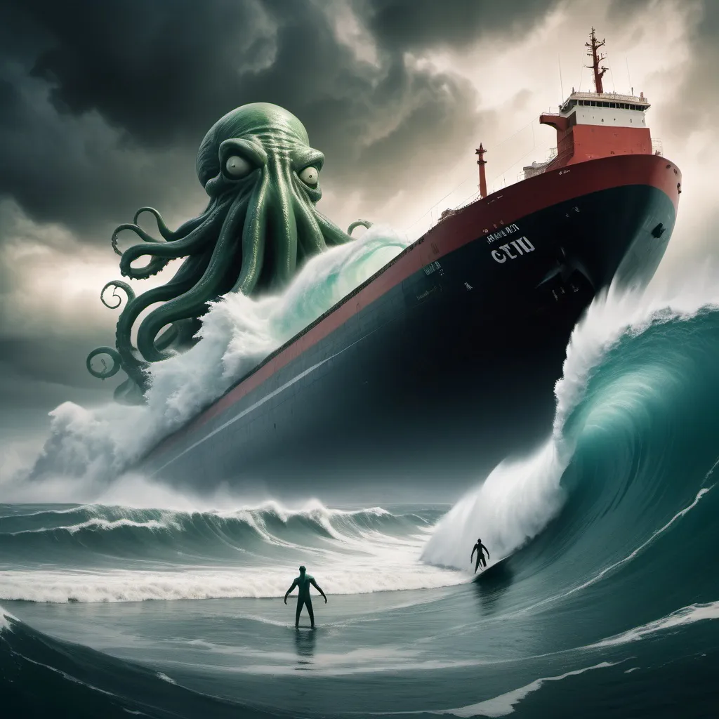 Prompt: cthulu surfing the largest giant tsunami wave, possessed ghost ULCC supertanker in foreground, overhead lighting, wide angle view, surreal background proportions, infinity vanishing point