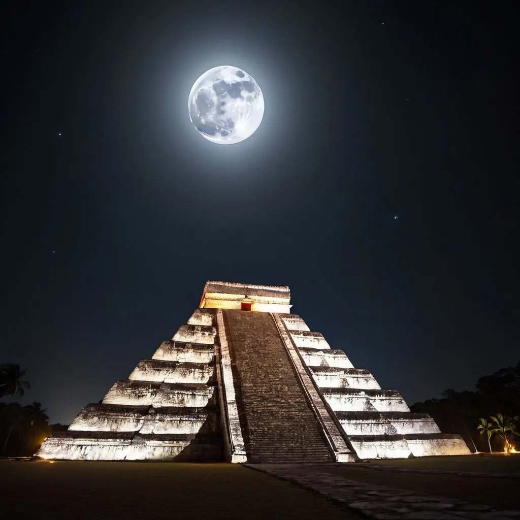 Prompt: Moon over the Temple of Kukulcan, overhead lighting, extra wide angle view, infinity vanishing point