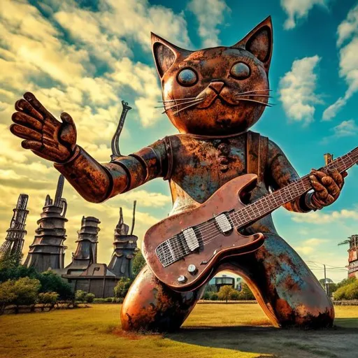 Prompt: giant rusty metal statue of a giant cat playing guitar, in the style of Jacek Yerka, widescreen view, infinity vanishing point