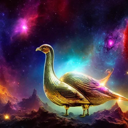 Prompt: panoramic view of a gold turkey, vanishing point perspective, galaxy and nebula background